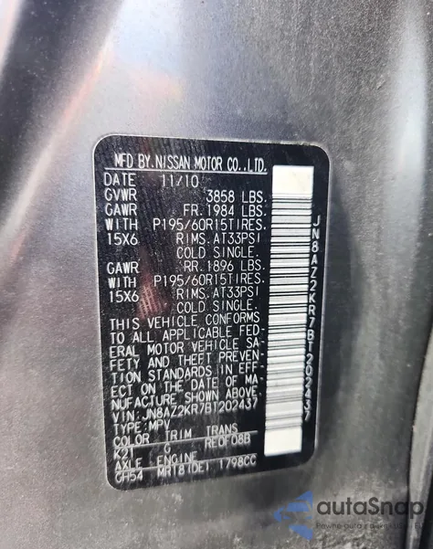 2011 Nissan Cube Base z USA, uszkodzony, nr VIN JN8AZ2KR7BT202437